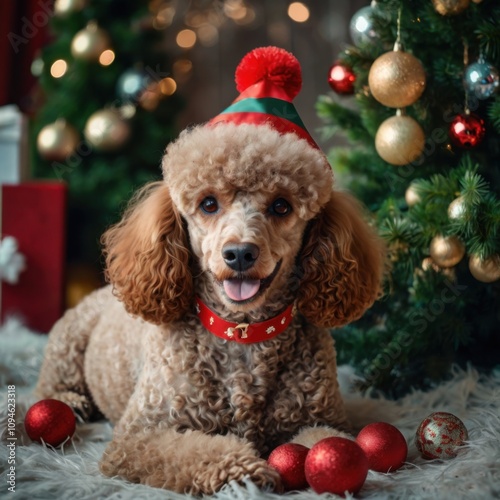 A cheerful poodle in a small red and green Christmas hat sits among the festive decorations, including a Christmas tree and colorful garlands. The atmosphere is joyful and festive