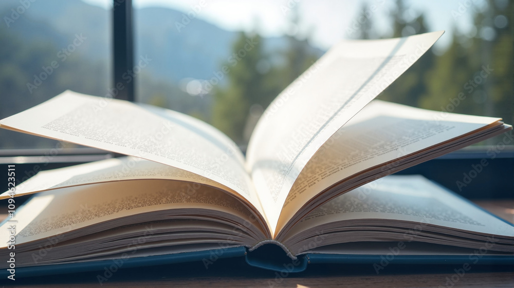 Open book with pages flying against a mountain window view Open book with pages flying against a mountain window view