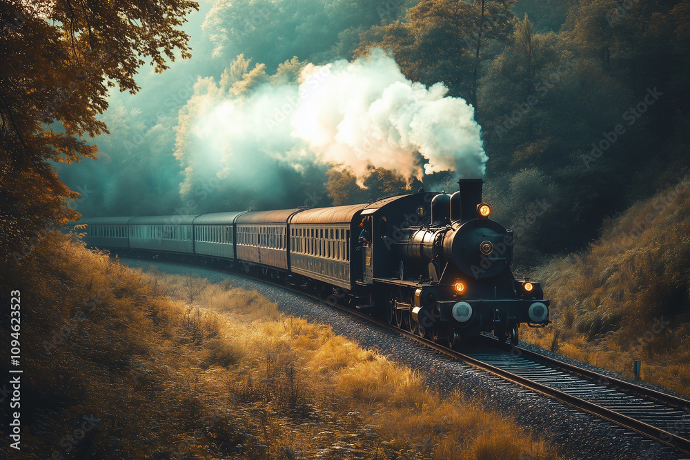 Obraz premium Retro train chugging along a scenic route through the countryside. Generative AI