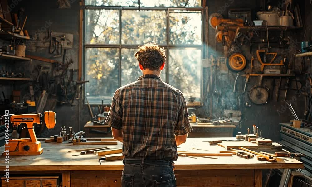 A person stands in a workshop, contemplating work. A person stands in a workshop, contemplating work.