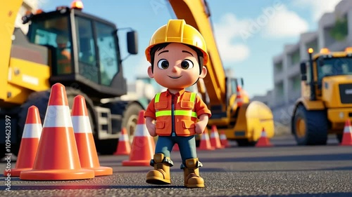 Young construction worker enjoys a bright day at the busy construction site with heavy machinery and safety equipment