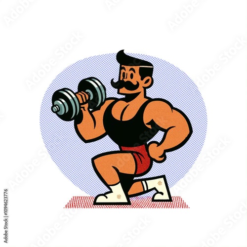 Vintage cartoon mascot of a man pumping muscles lifting dumbbells. 