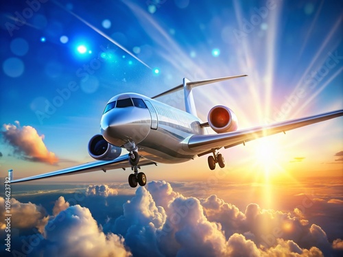 Generic Unmarked Executive Jet Taking Off into a Clear Blue Sky with Bokeh Effect on a Sunny Day, Capturing the Essence of Luxury Air Travel and Freedom in Flight photo