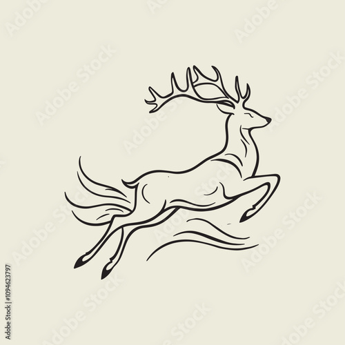 A drawing of a deer with antlers. Deer Silhouette with a beige background.