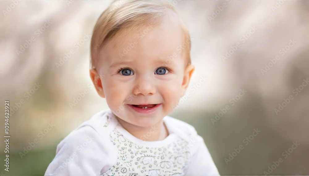 A close-up portrait of a smiling baby with blue eyes and a soft expression captured in natural lighting setting A close-up portrait of a smiling baby with blue eyes and a soft expression captured in natural lighting setting