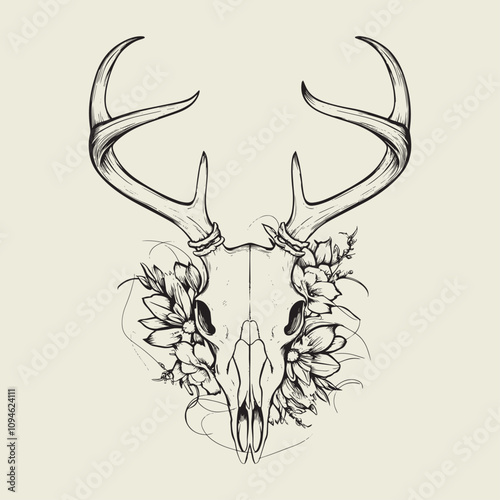 A drawing of a deer with antlers. Deer Silhouette with a beige background.