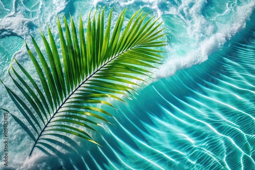 Enjoy the beauty of a palm leaf shadow over a gentle white water wave texture, ideal for captivating summer banner designs that evoke natural serenity and relaxation.