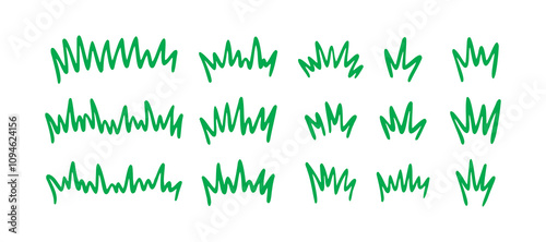 Grass silhouette Hand drawn doodle set. Lawn bush of green line grass in sketch drawing style. 
