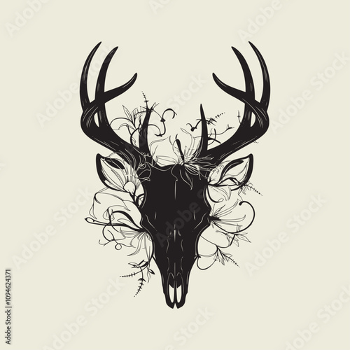 A drawing of a deer with antlers. Deer Silhouette with a beige background.