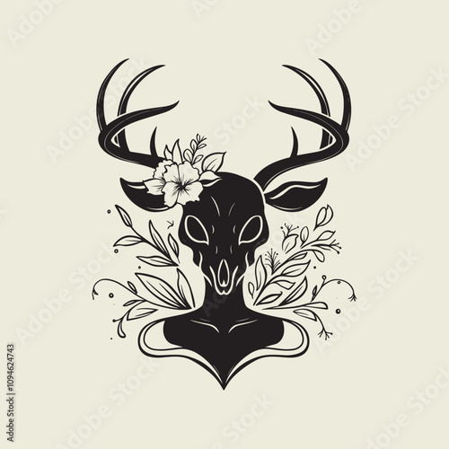 A drawing of a deer with antlers. Deer Silhouette with a beige background.