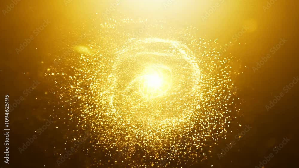 Camera rotates around swirling explosion of warm golden light, golden particles drift slowly, catching sunlight
