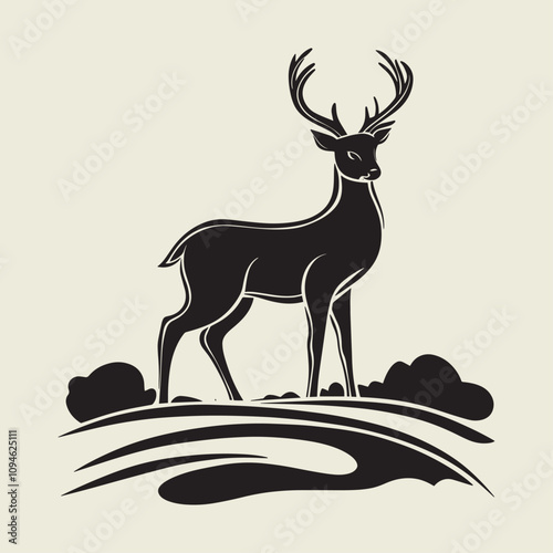 A drawing of a deer with antlers. Deer Silhouette with a beige background.