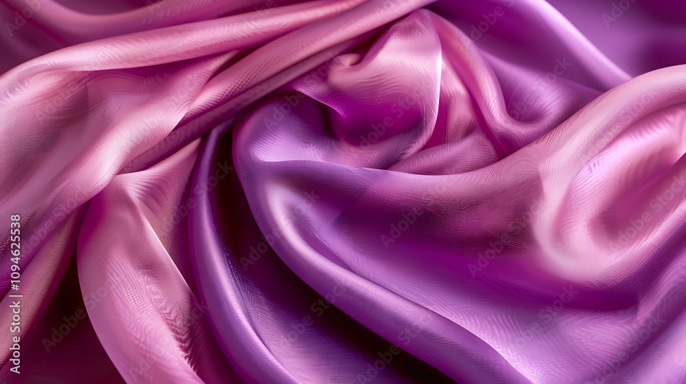Fototapeta premium A close-up view of elegantly draped silk fabric in shades of pink and purple, showcasing texture and color blending.