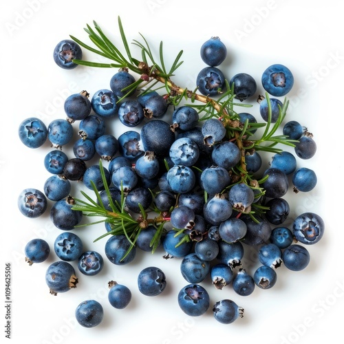 Ripe juniper berries scattered across a white surface, interspersed with fresh green sprigs, creating a vibrant and inviting display photo