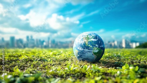 A miniature Earth globe resting on lush greenery, symbolizing the fragile yet resilient balance between our planet and its environment. The background subtly blends into a blurred city skyline