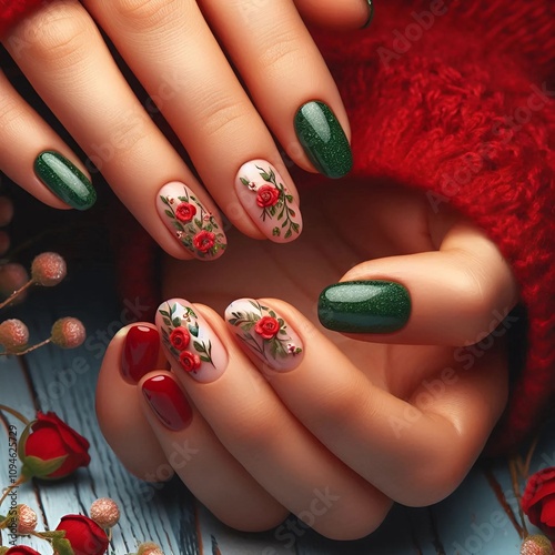 Red and green nails with flowers 