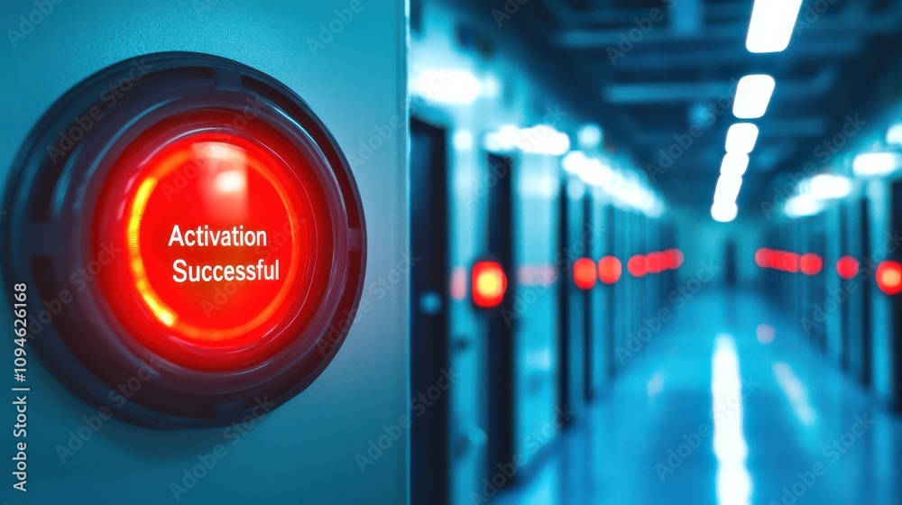 A glowing red button labeled A glowing red button labeled