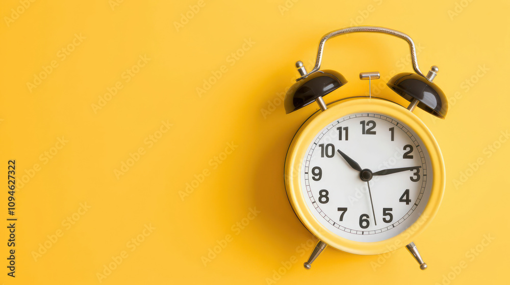 Classic yellow alarm clock on bright yellow background representing the concept of time management, punctuality, and daily routine in a vibrant and cheerful setting Classic yellow alarm clock on bright yellow background representing the concept of time management, punctuality, and daily routine in a vibrant and cheerful setting