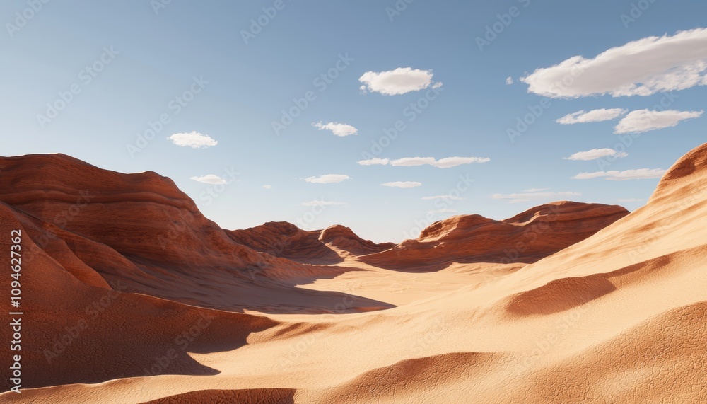 Naklejka premium A serene desert landscape featuring rolling sand dunes under a clear blue sky with scattered clouds.