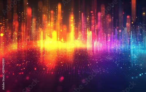 Abstract vibrant city lights at night, glowing colorful streaks and lines, digital art.