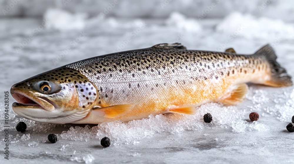 Fresh trout on ice with peppercorns. Fresh trout on ice with peppercorns.