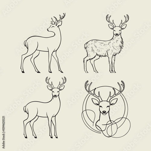 A drawing of a deer with antlers. Deer Silhouette with a beige background.