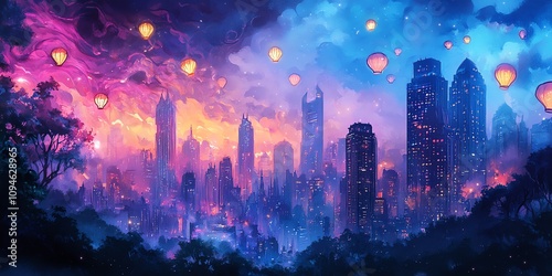 Magical cityscape at twilight, illuminated by floating lanterns. Dreamlike fantasy art, vibrant colors, and a surreal atmosphere.