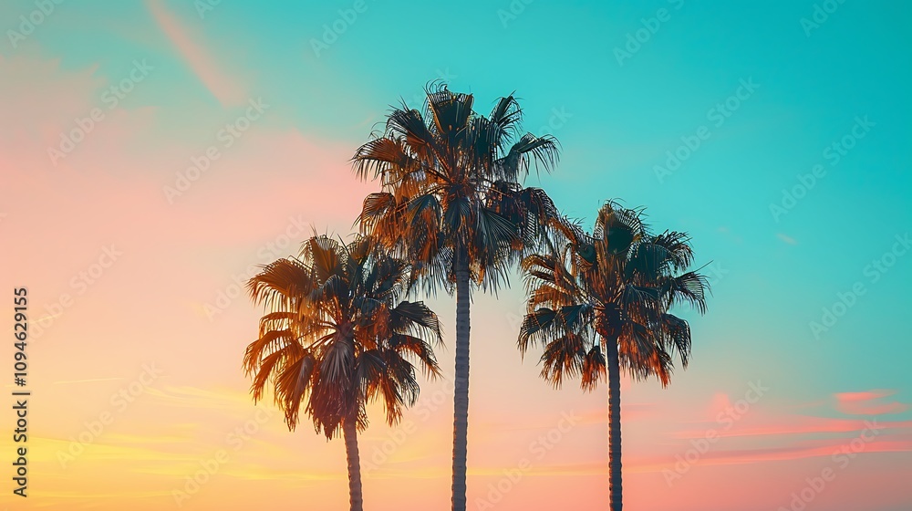 Obraz premium A serene sunset with three palm trees silhouetted against a colorful sky.