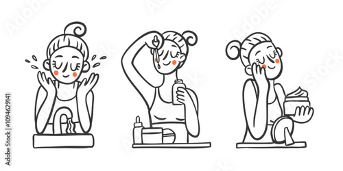 Stages of skin care doodles. Vector cartoon illustrations of self care beauty routine. Woman washing use serum and moisturizing face with cream.