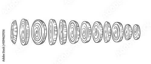 Bunch of onion round slices isolated on white. Sketch onion illustration. Vector onion rings. Chopped leek.
