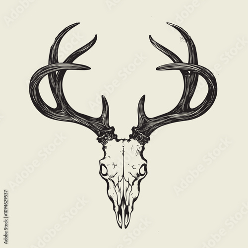 A drawing of a deer with antlers. Deer Silhouette with a beige background.