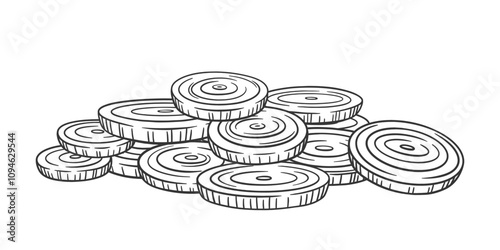 Bunch of onion round slices isolated on white. Sketch onion illustration. Vector onion rings. Chopped leek.