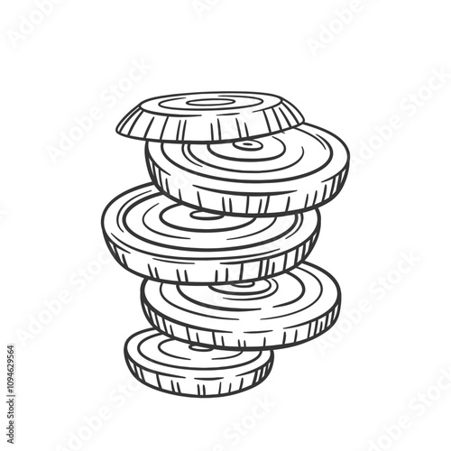 Bunch of onion round slices isolated on white. Sketch onion illustration. Vector onion rings.