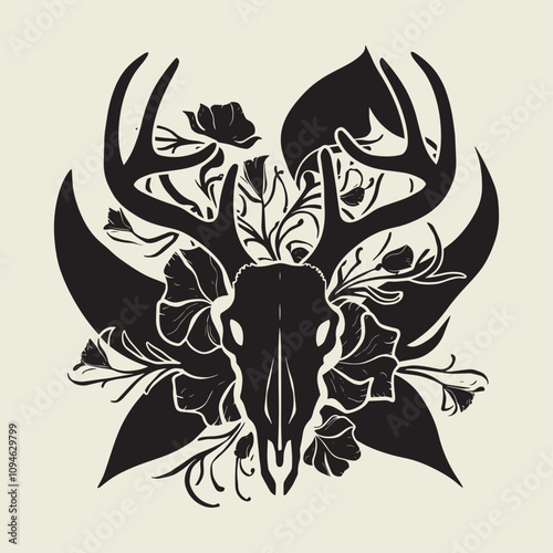 A drawing of a deer with antlers. Deer Silhouette with a beige background.