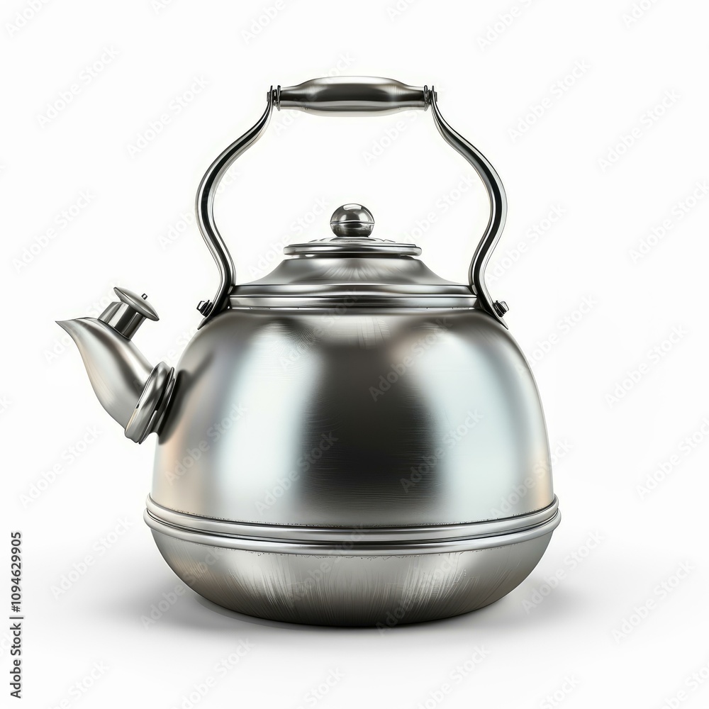 Brushed metal tea kettle stands out against a white background, its polished surface reflecting light Brushed metal tea kettle stands out against a white background, its polished surface reflecting light