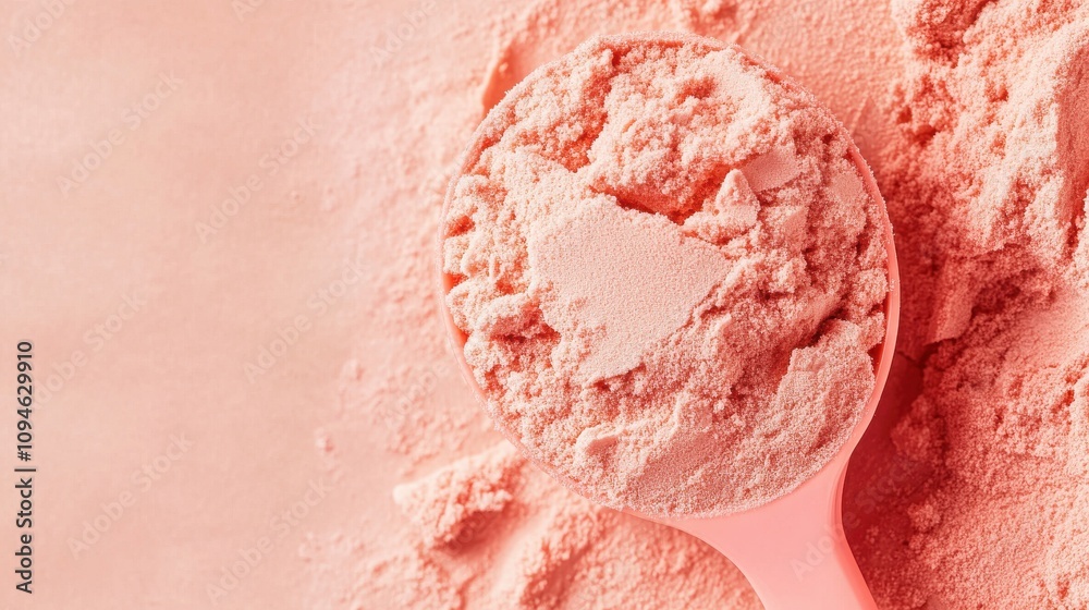 Fototapeta premium A measuring scoop filled with pink powder rests on a soft pastel background. This colorful ingredient suggests potential uses in cooking or beauty applications.