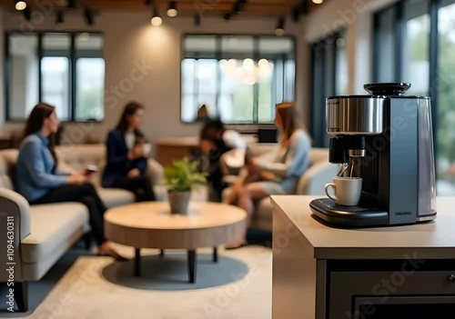 Cozy Office Break Area with Blurred Employees Relaxing