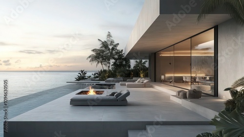 A contemporary beach house with a sleek, geometric exterior design, combining concrete and glass elements for a minimalist look. Inside, an open-plan layout features sophisticated gray    photo