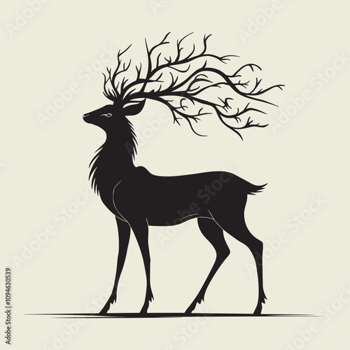 A drawing of a deer with antlers. Deer Silhouette with a beige background.