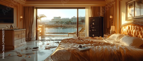 The crime scene is set in a luxury hotel suite. The safe is open, jewelry is scattered everywhere, the sliding glass door to the balcony is open, the atmosphere is reminiscent of spectacular break-in.