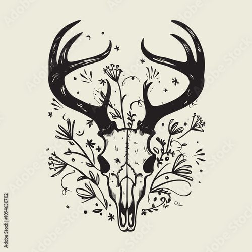 A drawing of a deer with antlers. Deer Silhouette with a beige background.