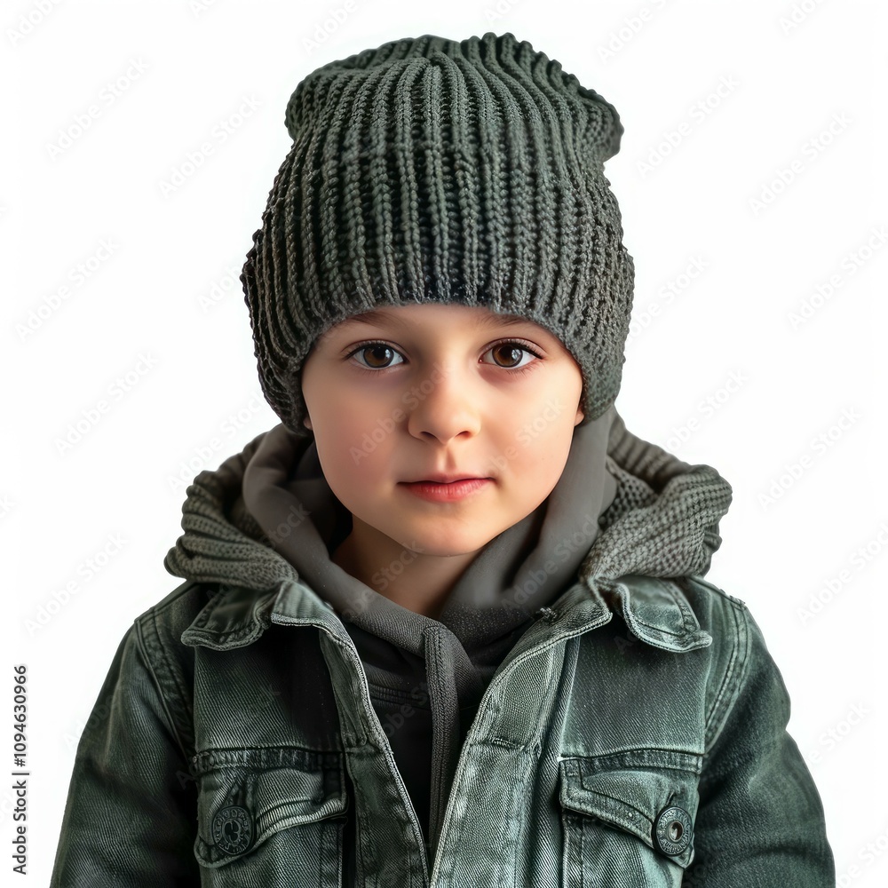 Young boy wearing fashionable winter clothing posing against a white background Young boy wearing fashionable winter clothing posing against a white background