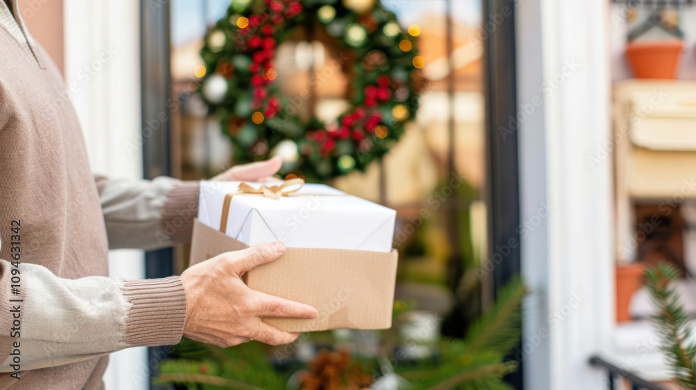 Festive Delivery: Man Holding Holiday Gift Box Outside a Home Decorated with a Christmas Wreath for a Joyful Seasonal Occasion Festive Delivery: Man Holding Holiday Gift Box Outside a Home Decorated with a Christmas Wreath for a Joyful Seasonal Occasion