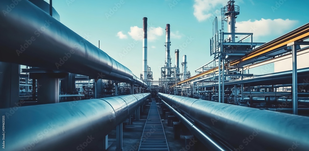  A photograph of an industrial oil and gas plant with steel pipes in the foreground