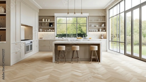 A contemporary kitchen featuring a herringbone hardwood floor, light beige cabinetry with recessed lighting beneath, and expansive windows that flood the room with natural light.  photo