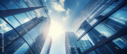 A close-up view of modern office buildings from a low angle, showcasing sleek architecture and tall glass facades.

