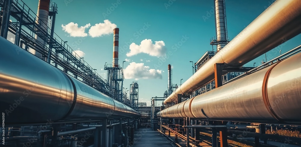 A photograph of an industrial oil and gas plant with steel pipes in the foreground A photograph of an industrial oil and gas plant with steel pipes in the foreground