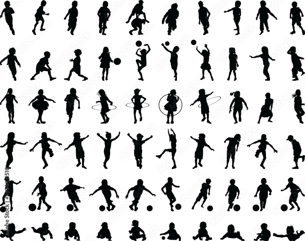Naklejka premium Black silhouettes of children playing, illustration