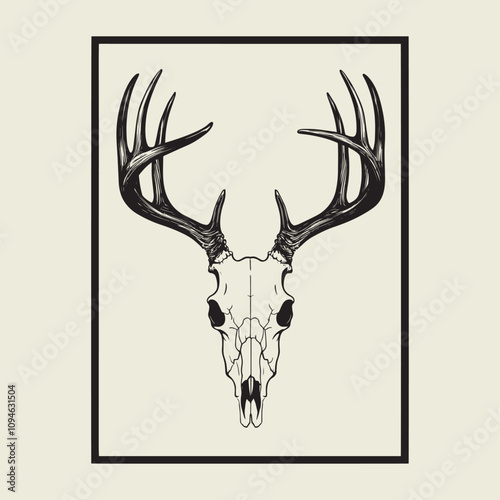 A drawing of a deer with antlers. Deer Silhouette with a beige background.