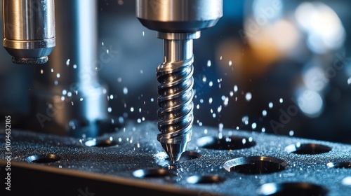 Close-up of a Drill Bit Cutting Metal with Coolant Spray
